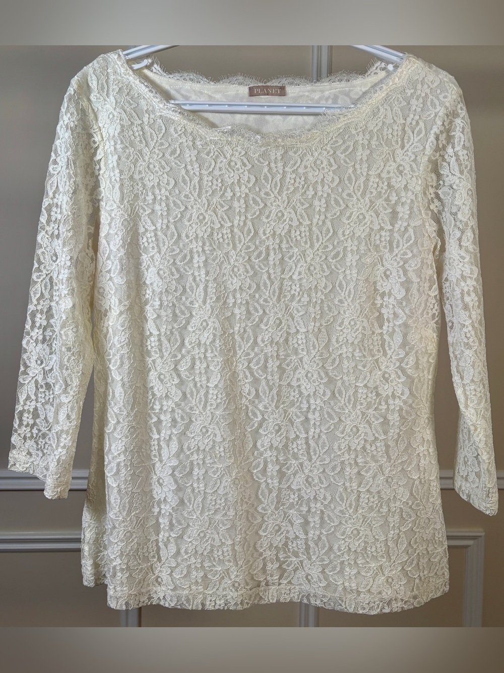 Cream Floral Lace Boatneck Blouse with Three-Quarter Sleeves
